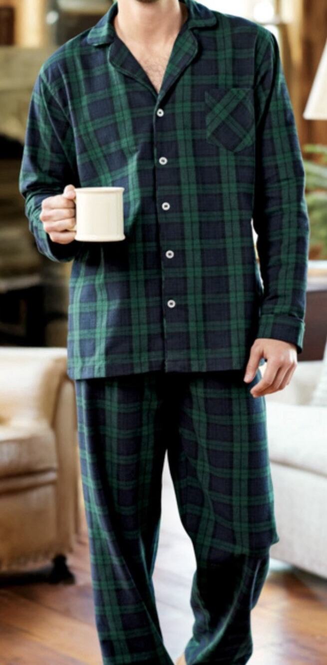 Men's 2X Button-Front Portuguese Cotton Flannel Pajama Set Green Blue Vermont Co